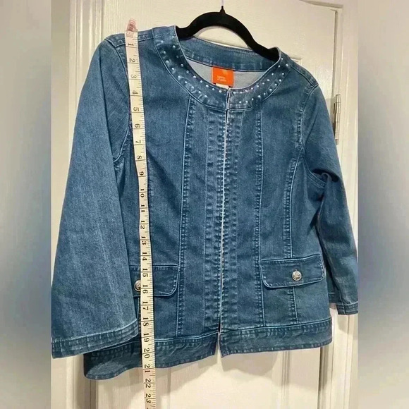 Hearts of Palm 3/4 Sleeve Rhinestone Crew Neck Denim Jacket Hook Loop Size 6 - Picture 5 of 10